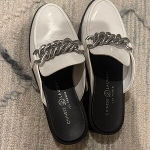 Chinese Laundry White Mules with Silver Chain